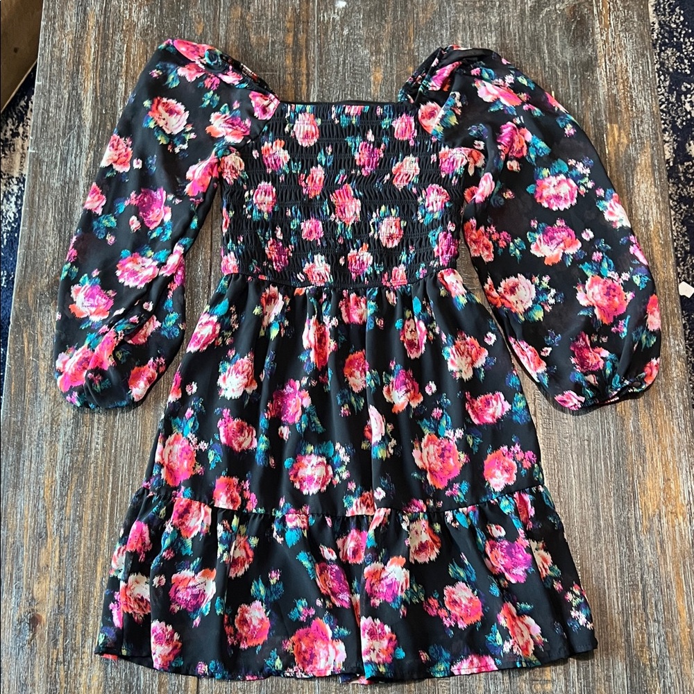 Art Class Black Dress with Pink and Red Floral Design